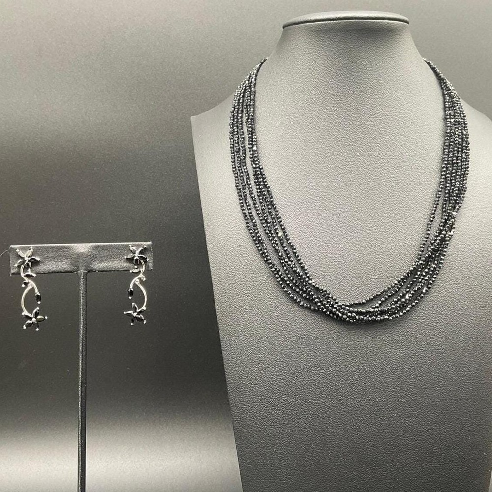 Sterling Silver DK Earrings & Faceted Black Bead Necklace Set JTV